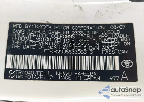 2008 Toyota Prius from USA, damaged, VIN JTDKB20U583305313